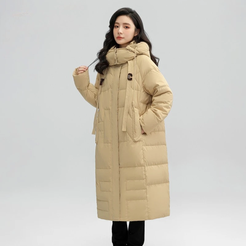 2025 الشتاء طويل أسفل سترة الرجال النساء الفاخرة خفيفة الوزن مقنعين أوزة أسفل سترة دافئة الشارع الشهير الثلوج سميكة سترة منفوخة #3