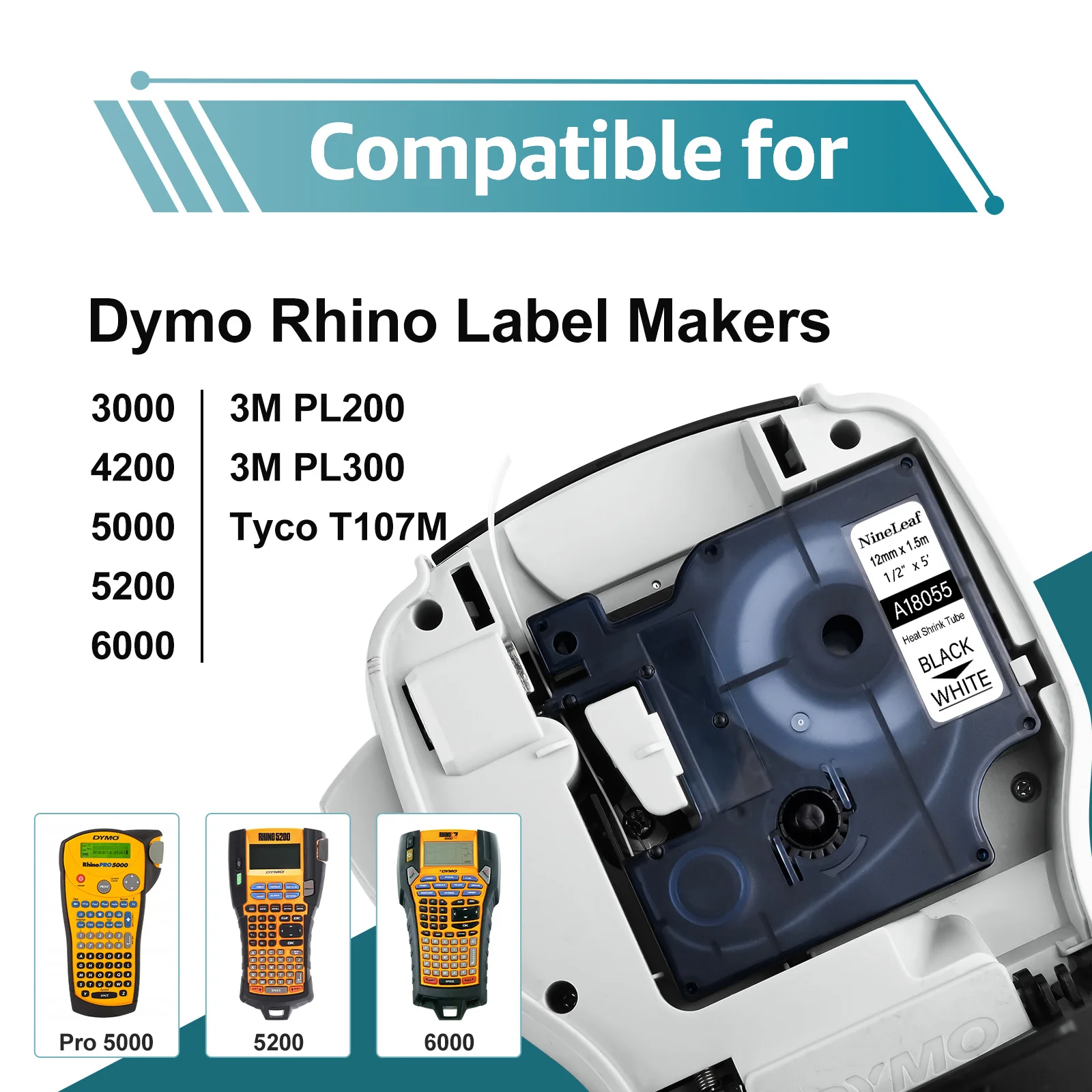 3/5/10Pcs Heat-Shrink Tube Industry Label Compatible for DYMO A18055 A18056 6/9/12/19/24mm Ribbon For Dymo Rhino 1000 5200