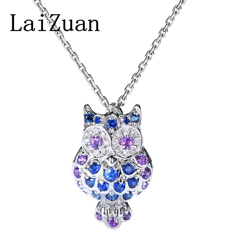 LaiZuan Solid 18k White Gold Owl Sapphire Diamond Pendant Real Amethyst Pendant For Women High Quality Trendy Vintage Jewelry