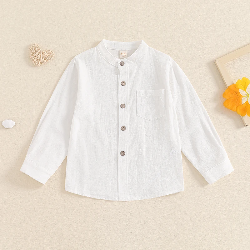 Little Boy Solid Color Shirt Chest Pocket Stand Collar Long Sleeve Front Button-up Fall Gentleman Tops