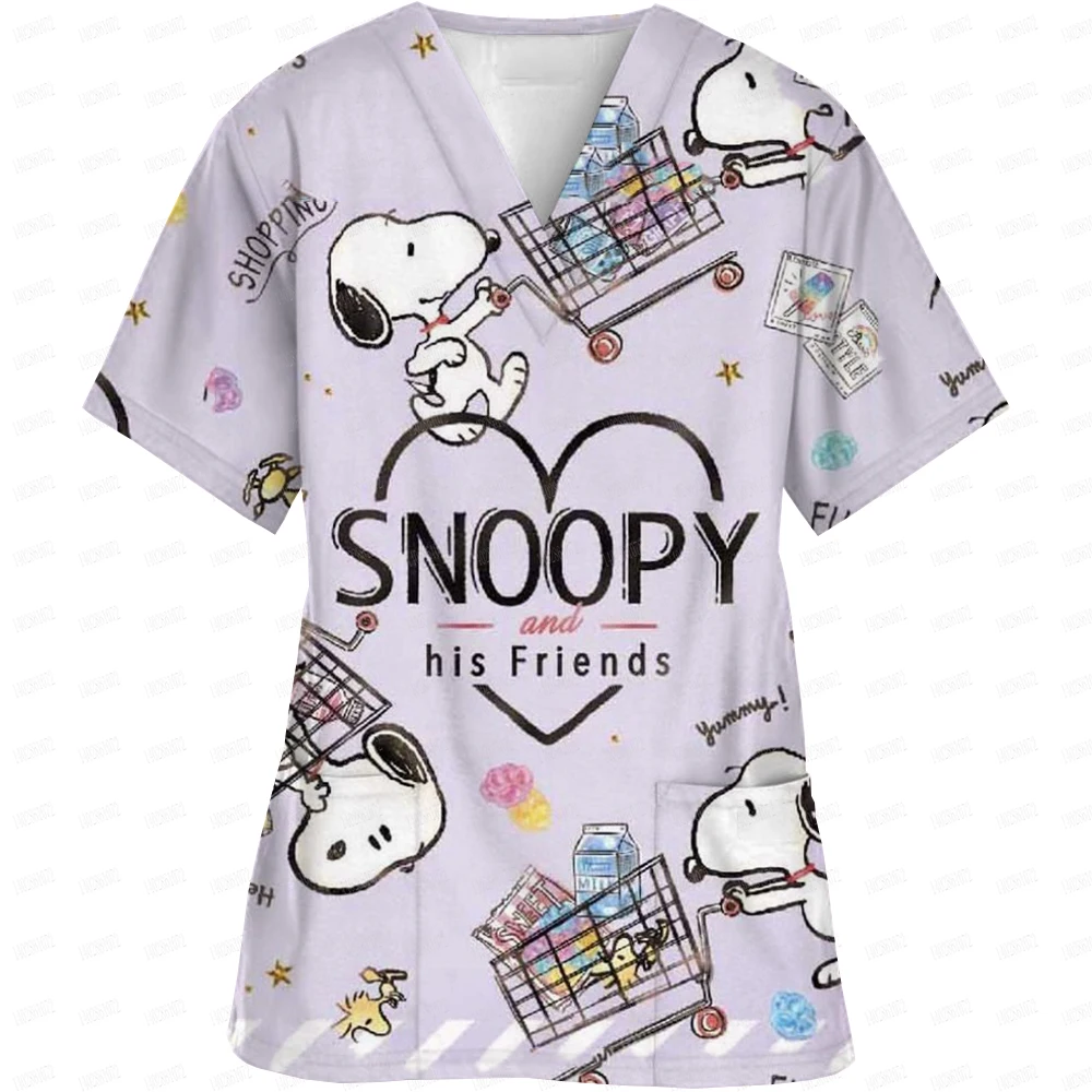 Snoopy cartoon printed frosted cream top pet beauty work clothes beauty salon work clothes laboratory women's T-shirt