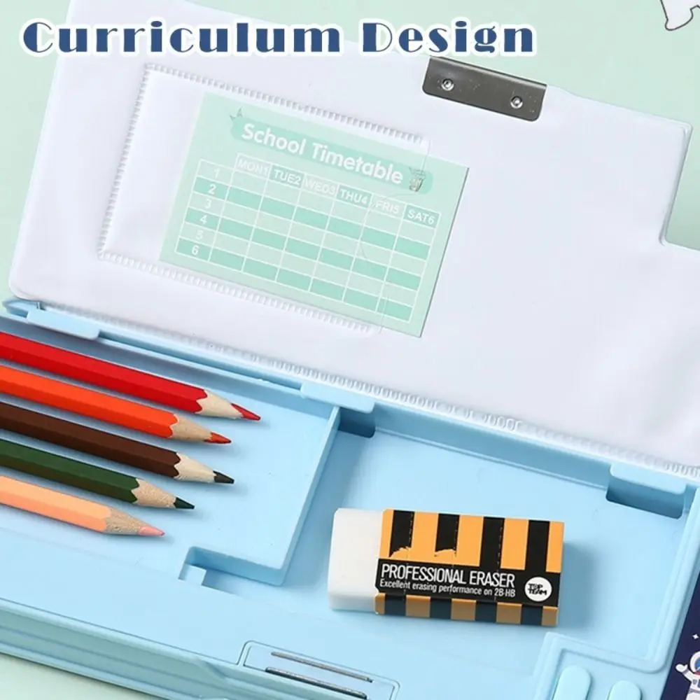 Double Layer Pencil Case With Calculator Pencil Sharpener Stationery Storage Box Astronaut/Animal Design Plastic Pencil Box