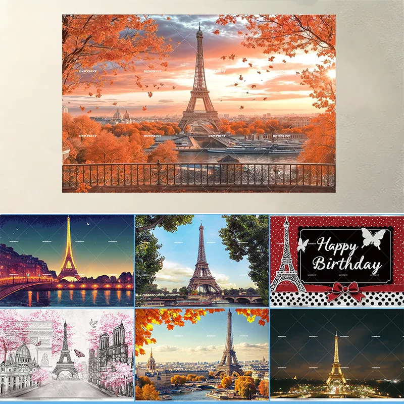 Französischer Paris-Eiffelturm-Fotohintergrund, rotes Ahornblatt, französisches Landschaftsthema, Damen-Geburtstagsparty-Dekoration, Banner