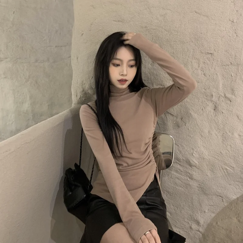 Long Sleeve T-shirts Women Shirring Elegant Sexy Slim All-match Inside Aesthetic Korean Style Classic Sweet Tees Basic Stylish