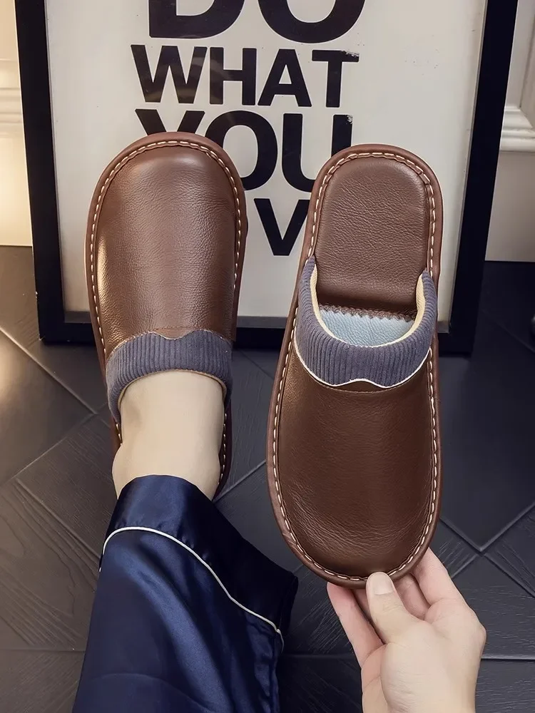 

Women Indoor Slippers for Spring and Autumn Genuine Leather Anti-Slip Men Home Slippers Couple Household Casual Slippers