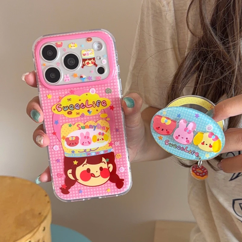 Korean Cute Girl Animal Plaid Pattern Magnetic Phone Case For iPhone 17 Pro 16 15 Pro Max Cover with Magsafe Stand Holder Cases