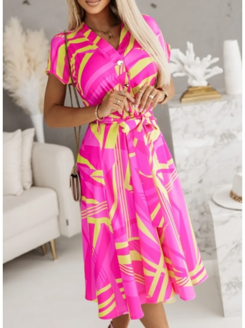 女性用Vネックの膝丈ドレス,ファッショナブルなプリントベルト,半袖,カジュアル,ボタン付き