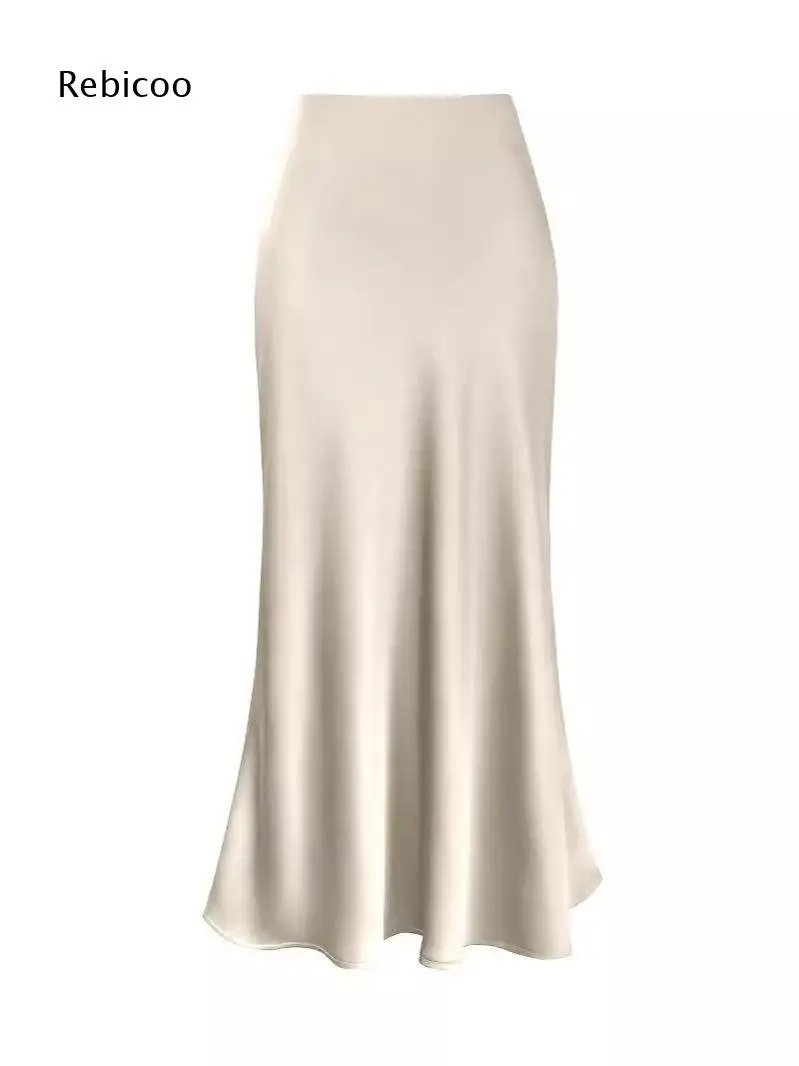 High Waist Mermaid Style Midi Skirt Ladies Glossy Smooth Fabric Flared Swing Hem Elegant Long Skirt For Office And Casual Wear