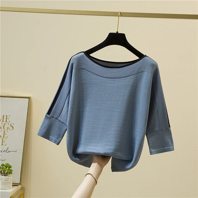 Summer Fashion Women Knitted Tops Stylish Solid Blouse Ice Silk Pullover Short Sleeve Loose Thin Tops Women\'s Clothing New 14425