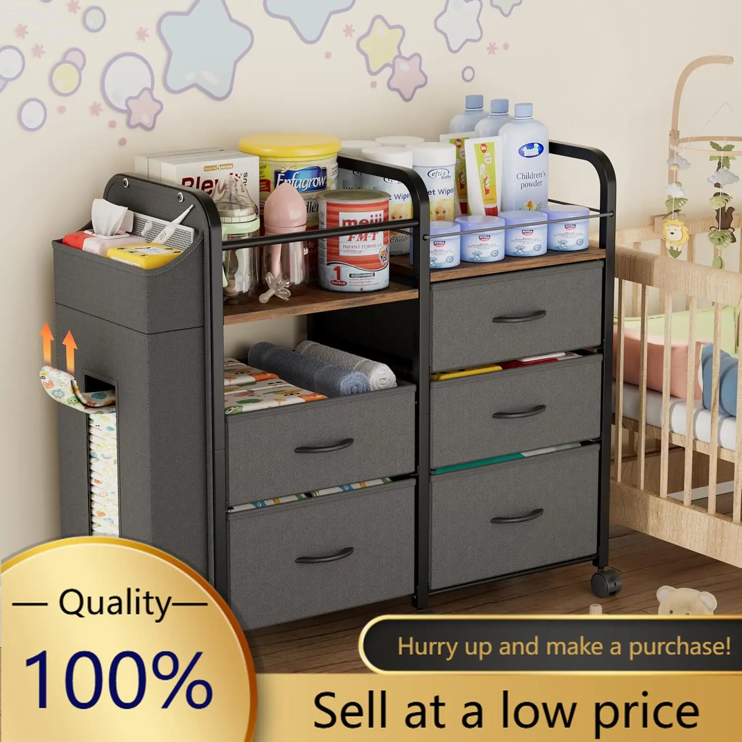 Baby Diaper Caddy Organizer Cart - Baby Organizers and Storage | Bedside Cart with Drawers & Side Storage, Nursery Essentials, 3