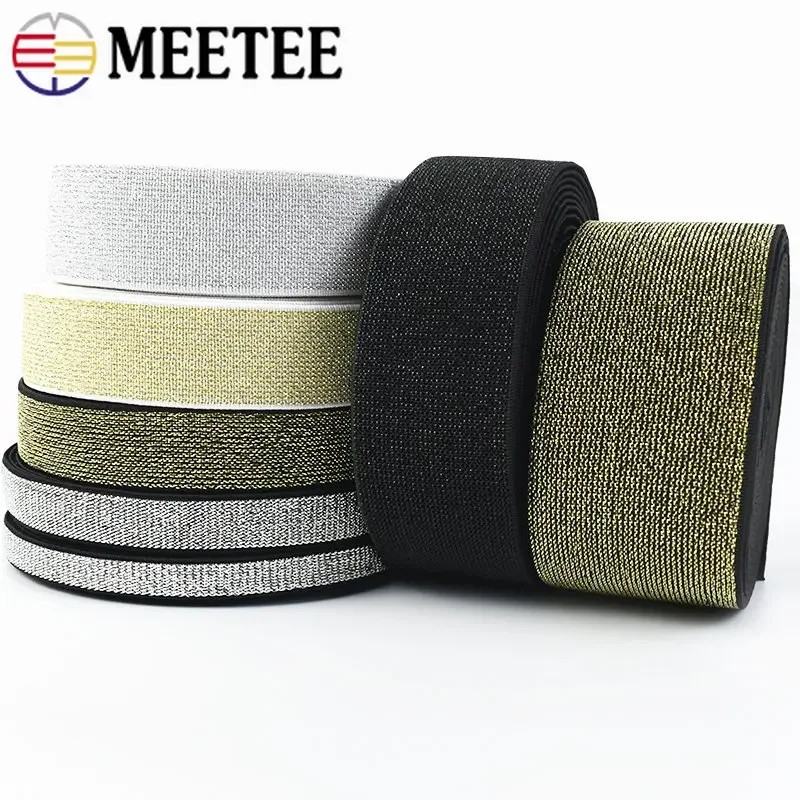 Meetee 3Meters 10-50mm Gold Silver Glitter Elastic Bands Rubber Band Lace Ribbon Trim DIY Garment Trousers Belt Sewing Accessory