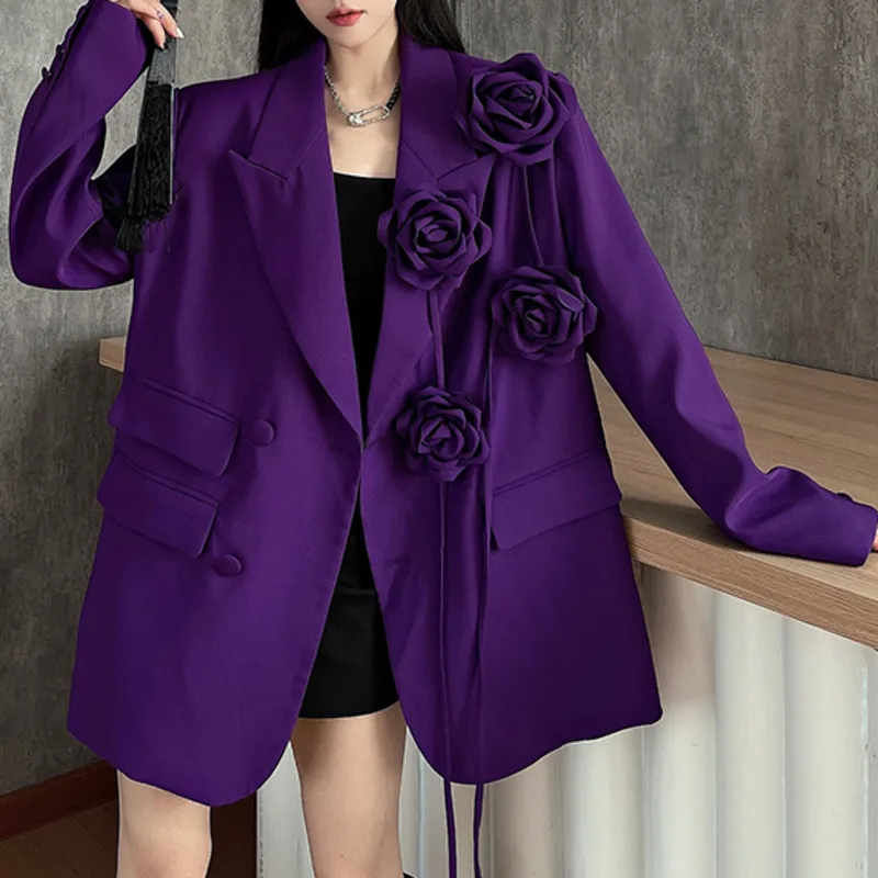 [EWQ] Cappotto blazer a maniche lunghe con design floreale 3D viola Moda All-match Chic Allentato Cappotto da donna 2024 Autunno Nuova marea 16O2904