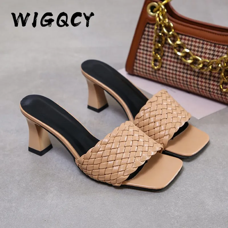 New Square High Heels Slippers Summer Women Square Toe Sandals Ladies Pu Leather Plaid Outside Female Fashion Woman Shoes Mules