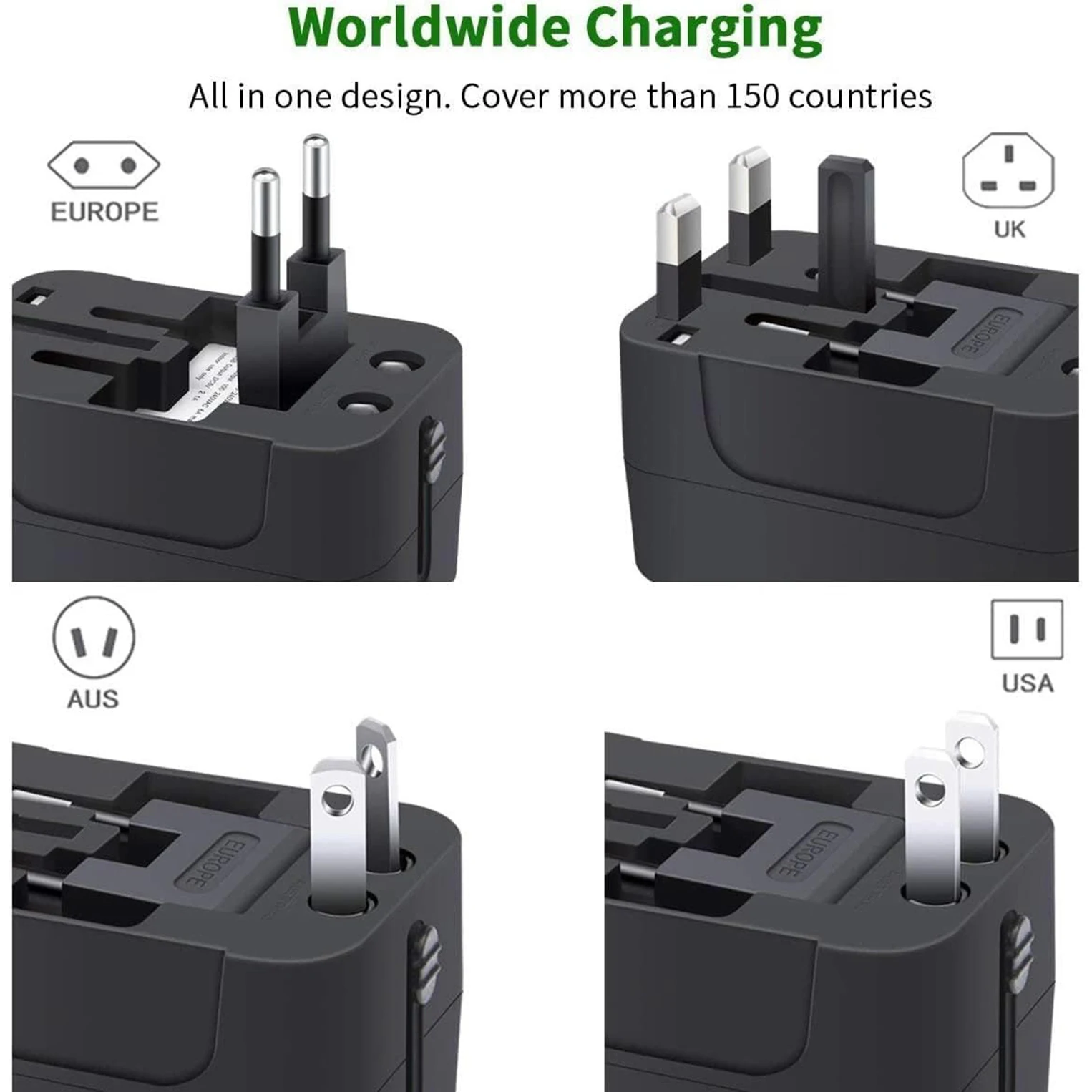 Universal Travel Adapter Fast Charging Dual USB-A Quick Charge All-in-One International Power Plug for EU US UK AUS