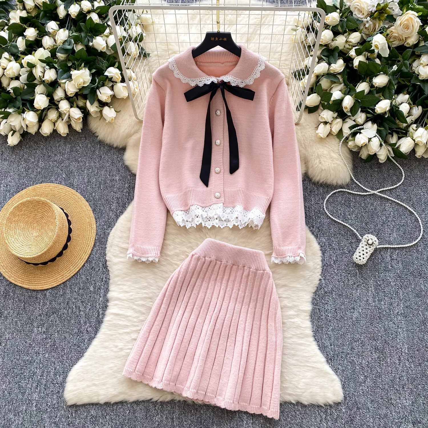 

Вязаная одежда, женская осенняя мода, кружевной кардиган с бантом и длинными рукавами, плиссированная юбка с высокой талией, комплект из двух предметов, женская одежда 2025