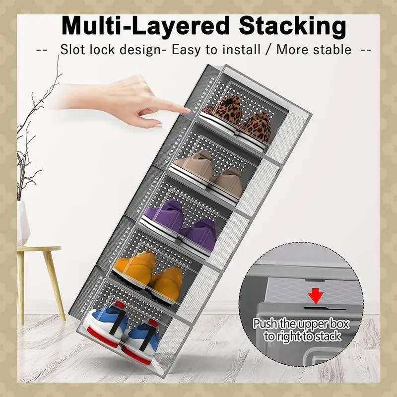 

AB45 Shoe Storage Box, Clear Transparent Shoe Storage Boxes Hard Plastic Stackable Organiser Containers Bins Durable Grey