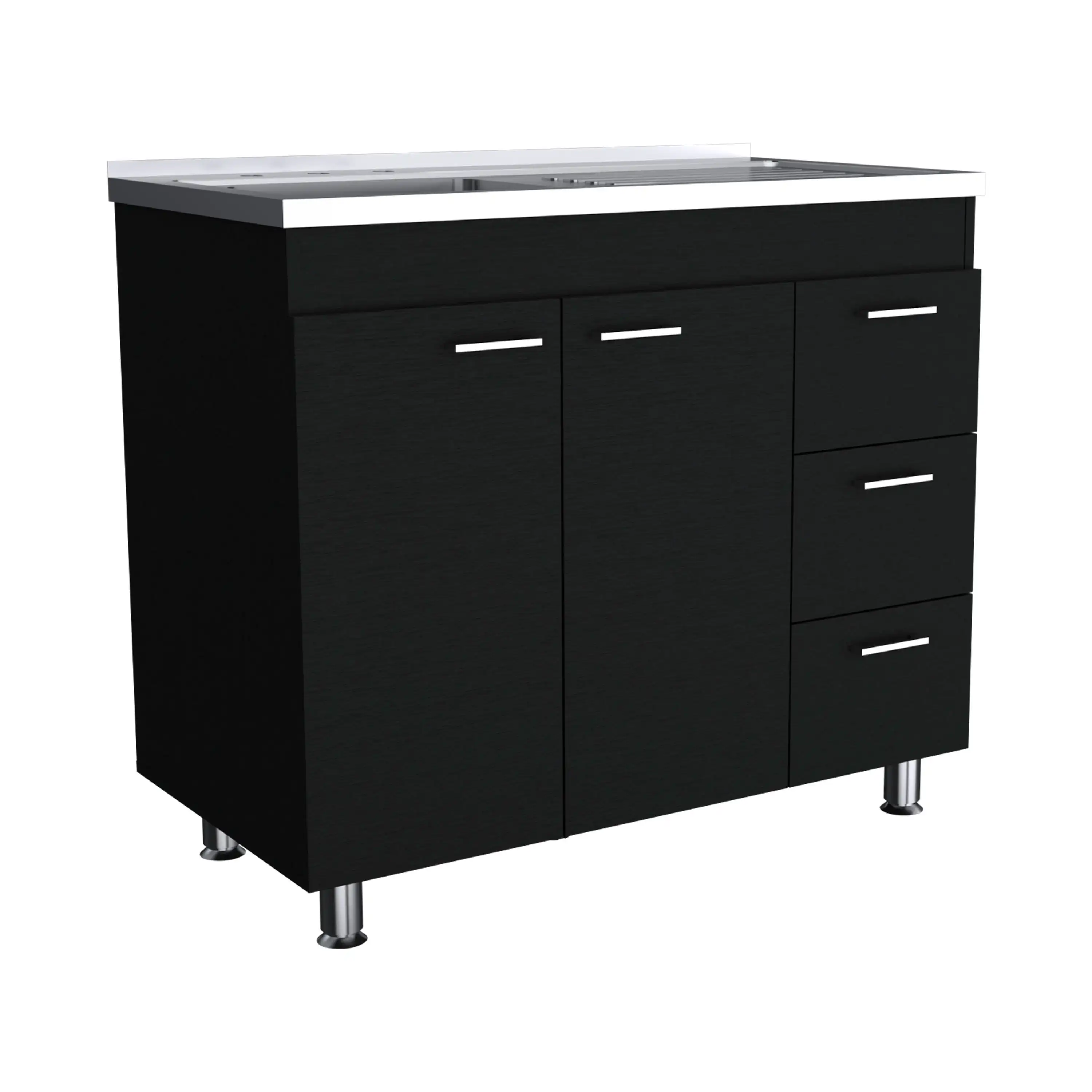 Ferretti Utility Sink with Three Drawers and Double Door Cabinet Black