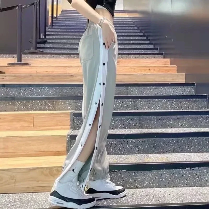 Women's Tear Pants Student Side Breasted Sports Casual Loose Legged Pants Full Open Button Basketball Pants Fashion Trousers