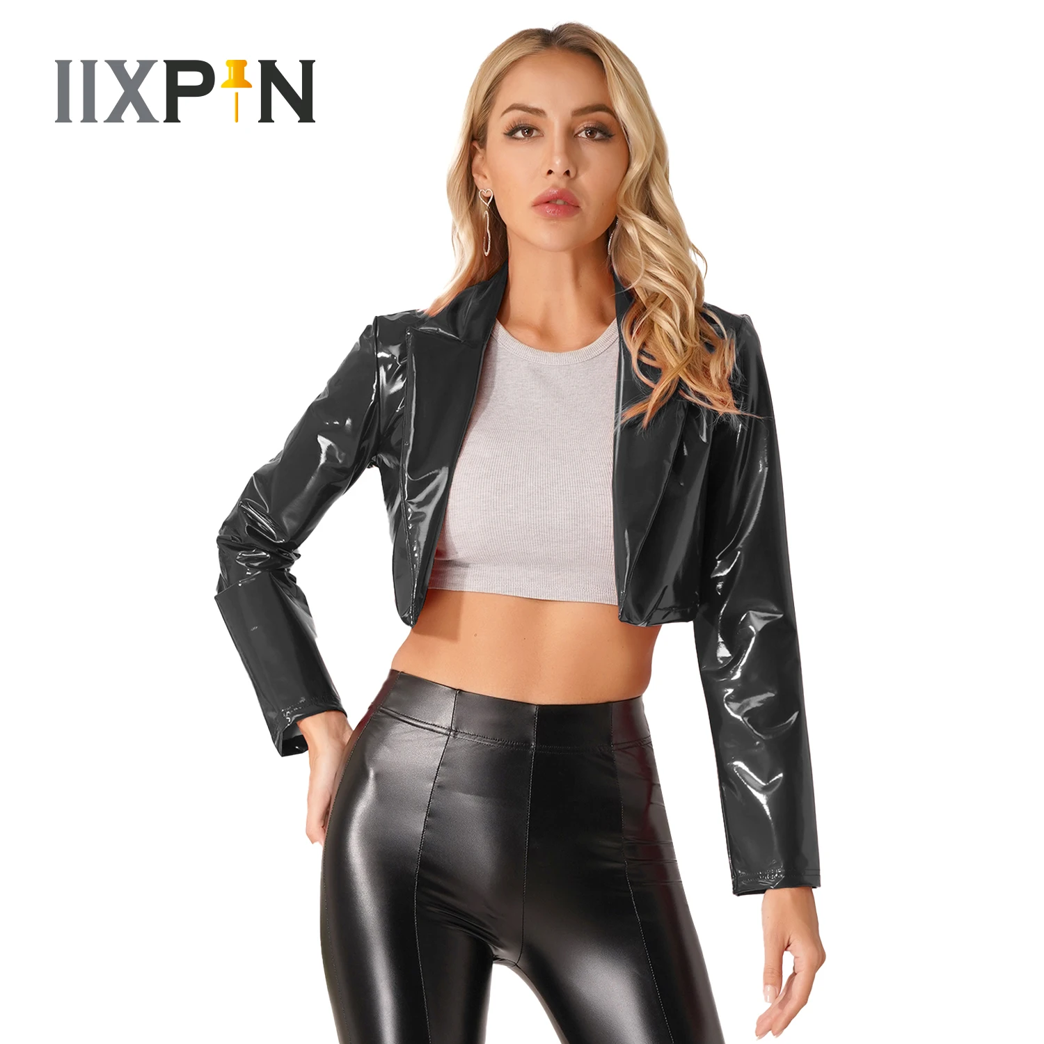 Ladies Patent Leather Cropped Coat Womens Fashion Long Sleeve Lapel Motorcycle Jacket Wet Look Music Festival Clubwear Costume