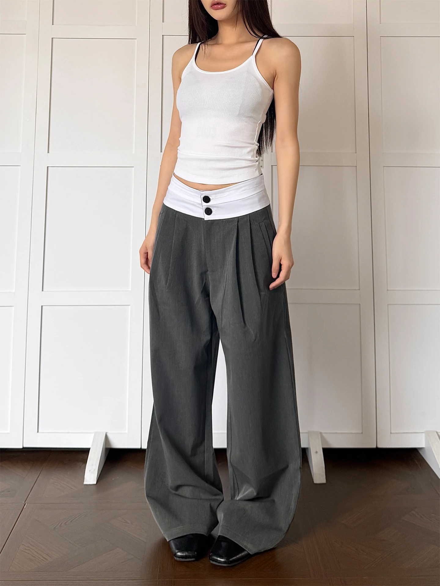 

Don Cry Color Block Wide Leg Pants Straight Cut Loose Fit Casual Trousers for Men And Women Simple Pressed Design Spring Wear