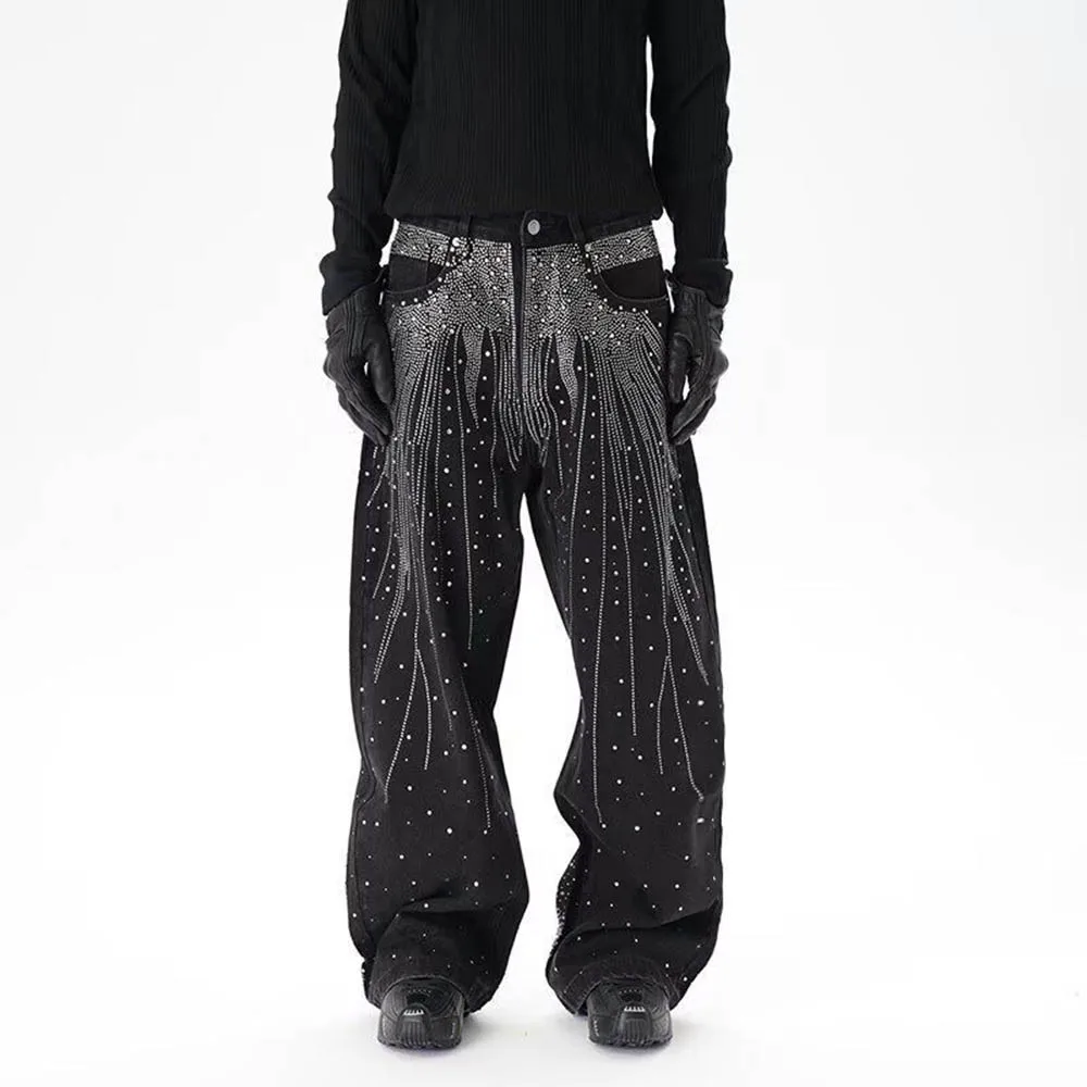 

Men's Full Diamond Straight Jeans American Vintage Fashion Trend High Street Loose Casual Breathable Niche New Men's Bottoms