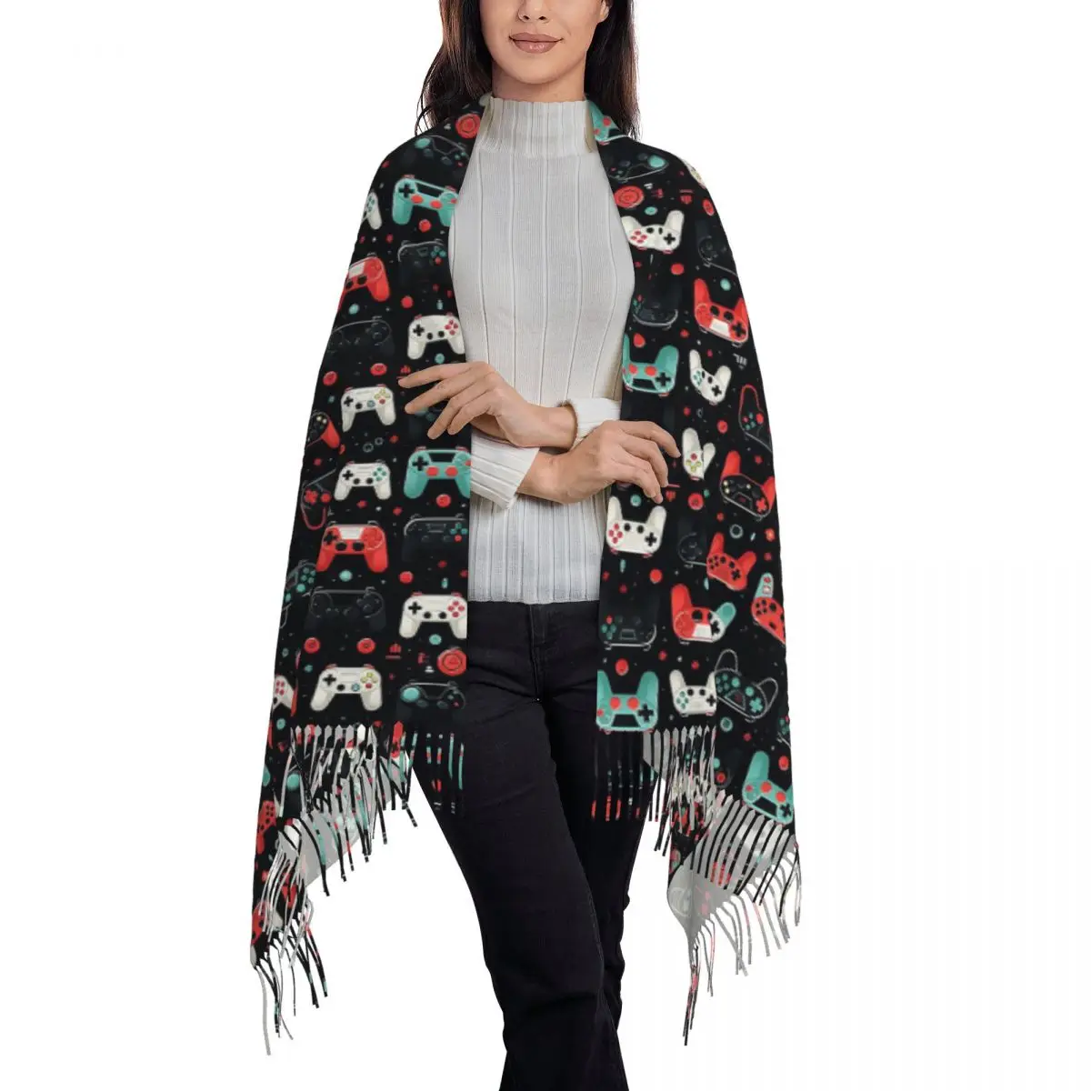 Gaming Pattern Game Controllers Scarf Tassel Scarves Women Soft Warm Shawls and Wraps Long Fall Winter Shawl Wrap