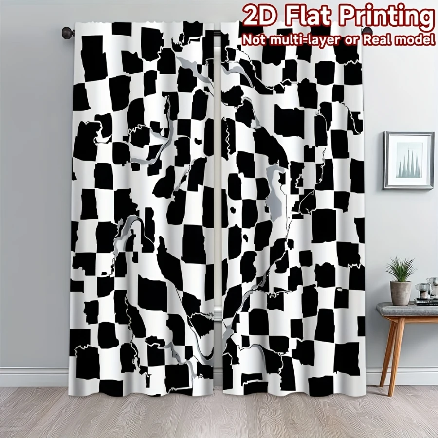 2PCS Digital Printed Curtains, Fragmented Shadow Checkerboard Pattern, Stylish Window Treatment for Living Room Bedroom Decor