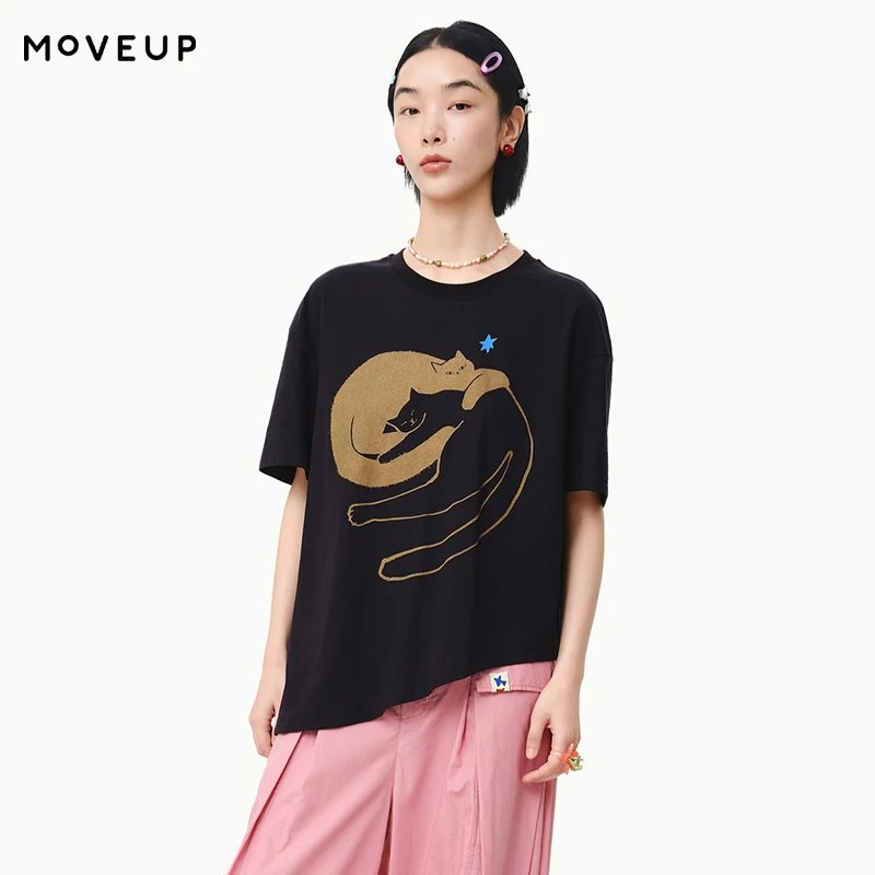 MOVEUP Casual Short Sleeves Round Neck T-Shirt 2026 Spring Contrasting Cat Print Drop Sleeves Design Loose Top Women 325110568