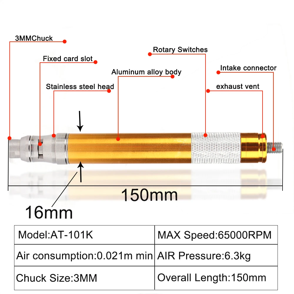 High Speed Air Micro Die Grinder Pencil 65,000 RPM Cutting Wood Jewelry Polishing Grinding Engraving Pneumatic Tool