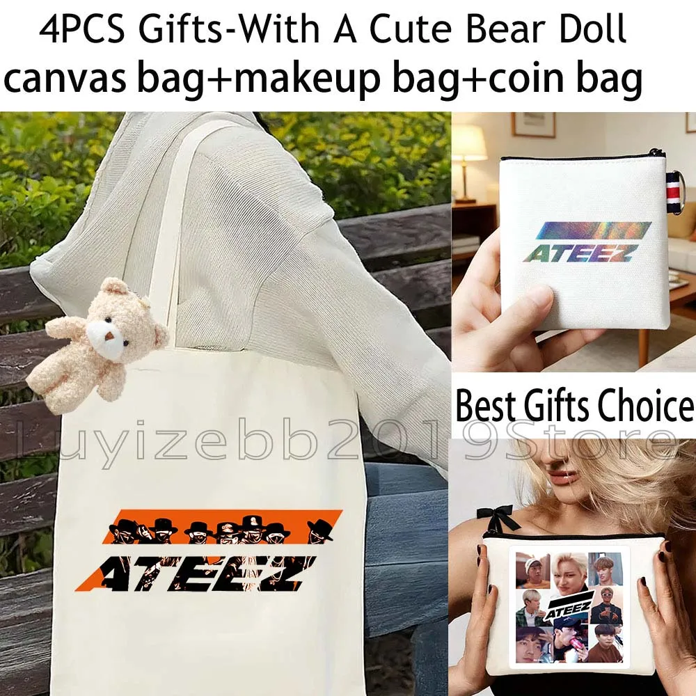 4PCS KPOP ATEEZ Members San Mingi Yunho Gifts White Shopper Canvas Tote Bag Handbag,Cosmetic Makeup Bag,Coin Purse Wallet Pouch