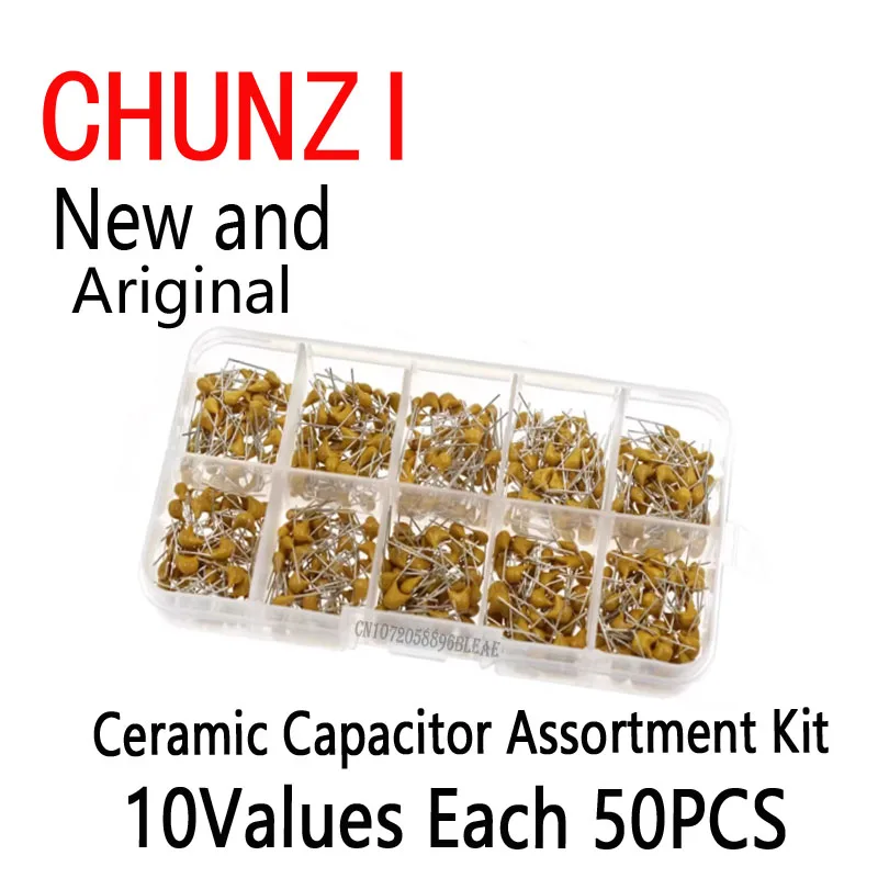 500pcs Multilayer Ceramic Capacitor Assortment Kit 10Values*50PCS Ceramic Capacitors 50V 0.1uF-10uF(104~106)
