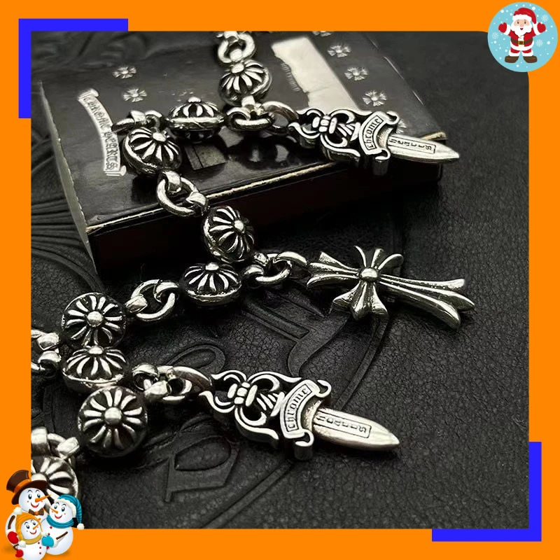 Trendy Brand New Bracelet Retro Cross Flower Ball with Double Sword Cross Pendant Hand Jewelry Hip-hop Personality Domineering H