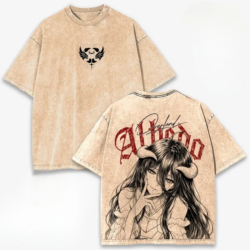 Overlord Printed Tee Anime Albedo Clothing Men Women Vintage Washed T-shirts Short Sleeve Casual Tshirt Oversized Cotton T Shirt