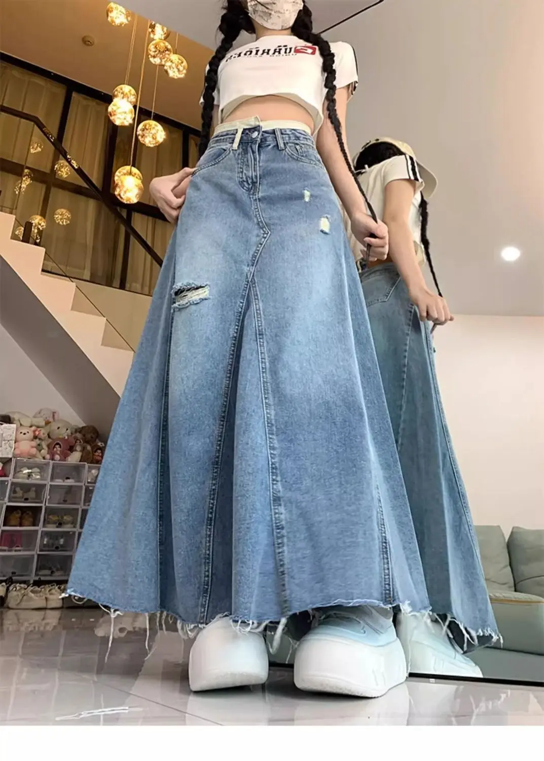 Rok Denim robek biru ukuran besar wanita Retro musim panas gemuk Mm pinggang tinggi ramping rok setengah panjang A-Line rok pinggul ekor ikan