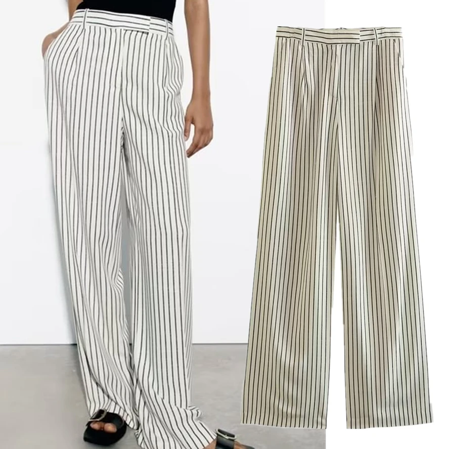 Withered British Retro Boyfriend Striped Linen Pants Fashion High Waist Casual Trousers Ladies Bottoms