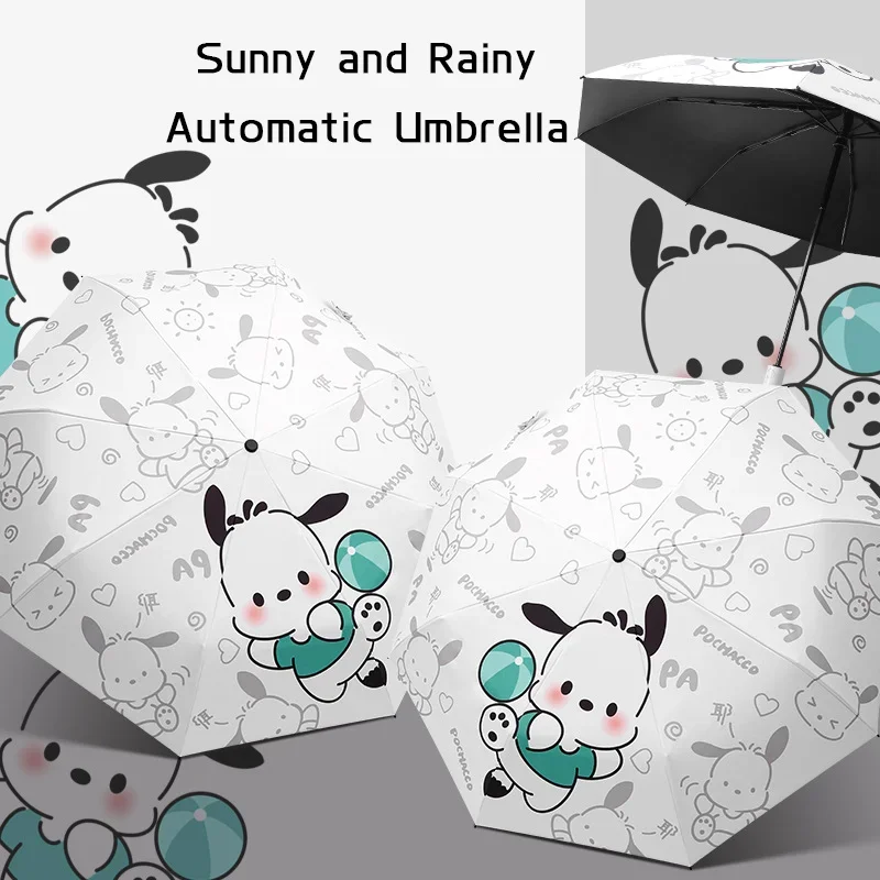 Sanrios Pochacoo Umbrella Kawaii Cartoon Folding Anti-ultraviolet Parasol Safety Anti-rebound Sunny and Rainy Automatic Umbrella