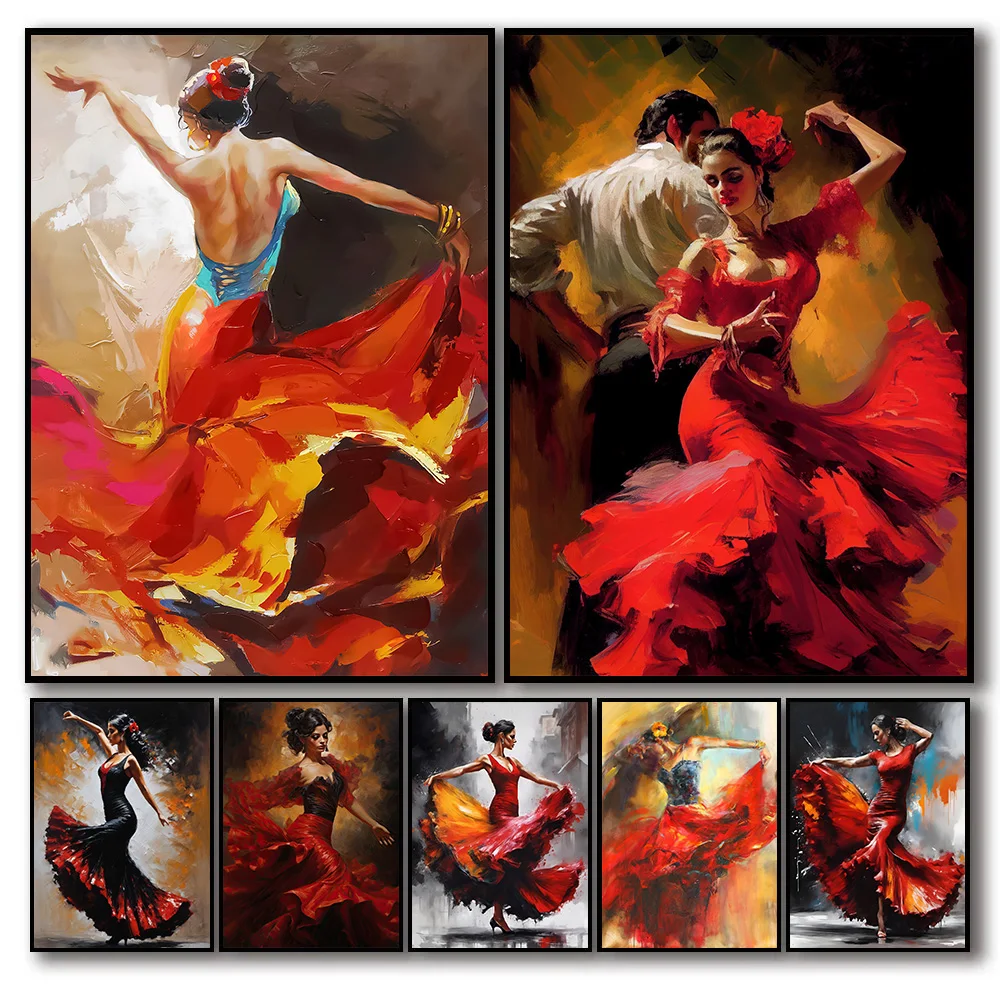 Grafitti Flamenco Dancer Sexy Dancing Girl in Red Dress Poster Canvas Painting Wall Art Pictures Home Bar Interior Decor Gift