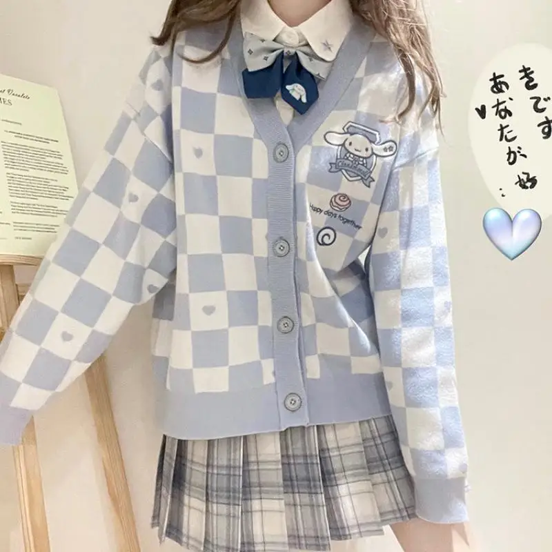 Kawaii Sanrio Cinnamoroll Plaid Sweater Cartoon My Melody Kuromi Pompom Purin Girl Cardigan Loose Top Coat Knitted Sweater Gift