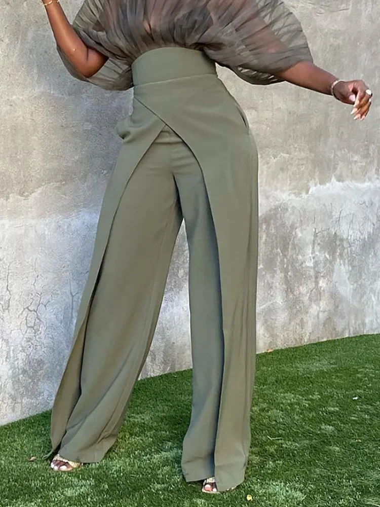 Women 2 Piece Outfit Pleated Sheer Cape Top High Waist Split Flare Pants Formal Party Matching Set view 5