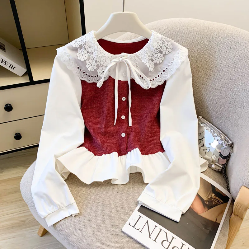 

Kawaii Preppy Рубашки Женские Милые Питер Пэн Воротник Бант Лоскутная Студенческая Блузка Свободные Длинные Рукава Искусственные Двухсекционные Милые Весенние Топы