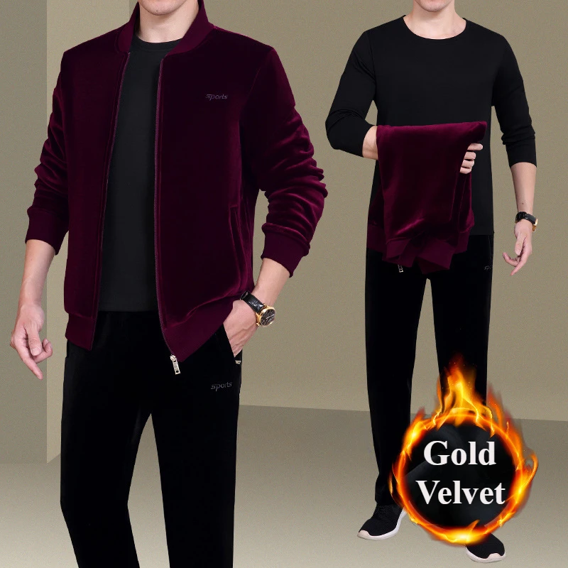 Fashion Men's Sets Golden Velvet Jacket+ Pants+Shirts Three-piece Zipper Sportswear Sports Jogging Men's Fitness Running Sets