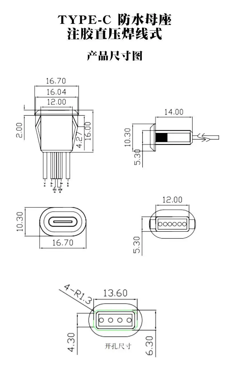 1 Stück Snap-Lock-Platte USB Typ-C Buchse mit Kabelanschluss, wasserdichter Typ-Stecker – Detail 1