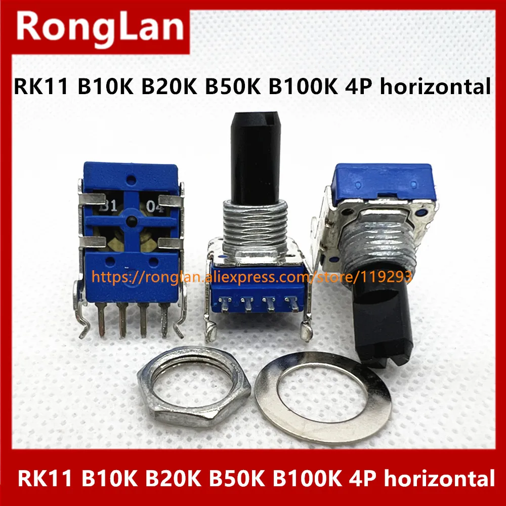 RK11 B10K B103 B20K B203 B50K B503 B100K 4-pin horizontal speaker power amplifier mixer gain volume potentiometer 15shaft-10PCS