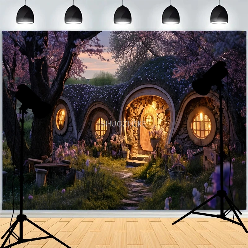 Сказочный Дом Сказочный фон для фотосъемки с окном с бутоном цветами снегопадом зимняя дорожка фотостудия фон