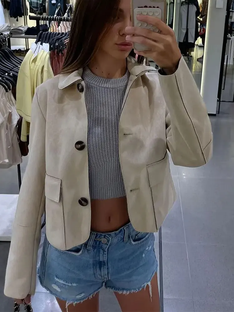 Vintage dámská semišová bunda s dlouhým rukávem a klopou, dámské kabáty, podzim 2025, ležérní, dojíždějící, streetwear, dámské svrchní oblečení - náhled 3