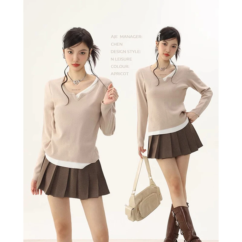 

Autumn Winter Warm Women's Long-sleeved Pullover Fake Two-piece Sweater Casual Korean Fashion Slim Knitwear