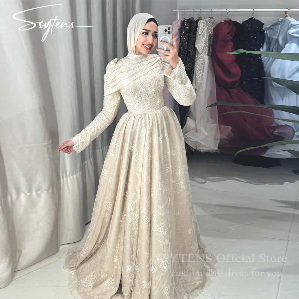 

SSYTENS Muslim Ivory Wedding Dresses for Hijab Women Bride Long Sleeves A Line Floral Lace Tulle Modest Bridal Gowns Customized