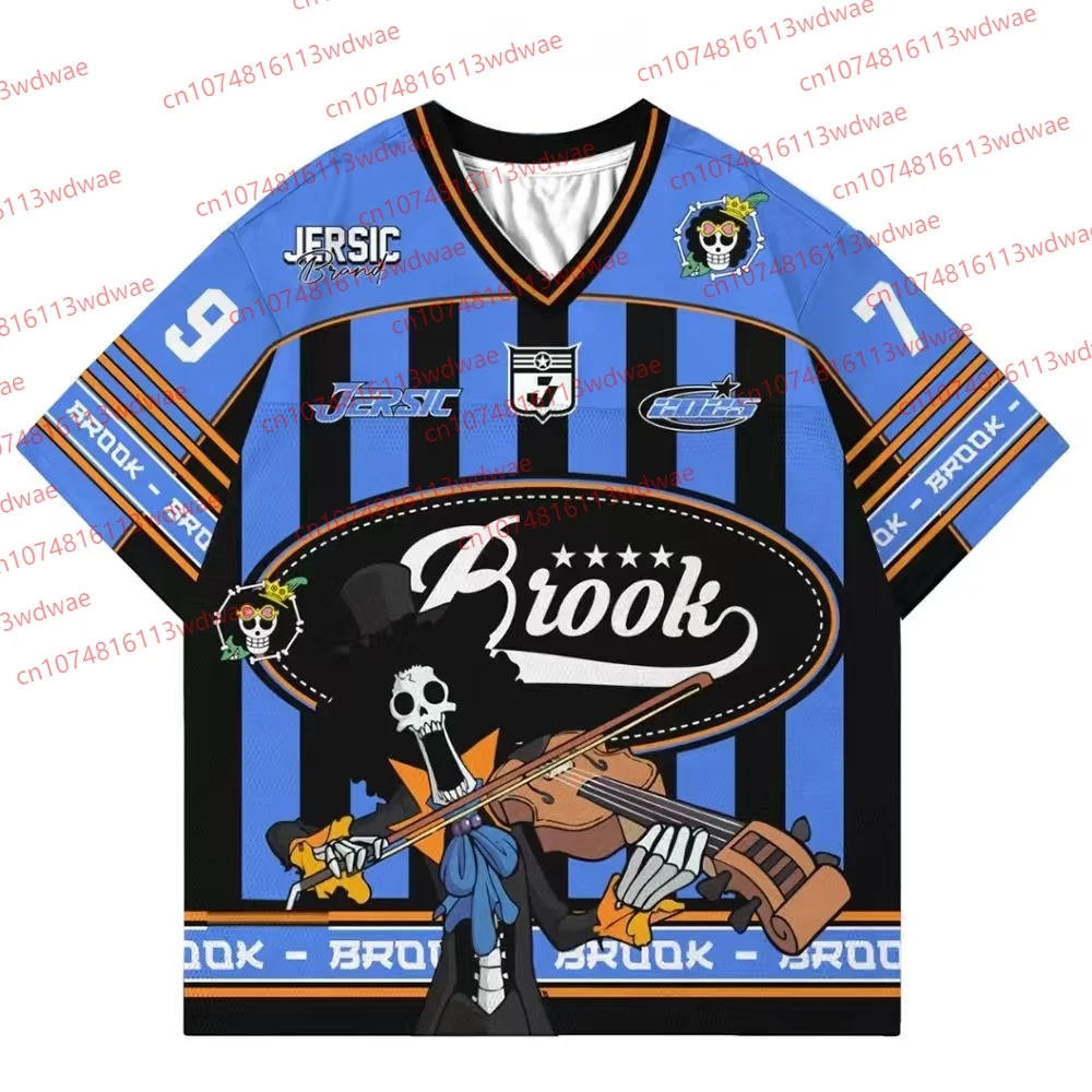 Camiseta de manga corta de Anime japonés de una pieza Brook, Top Unisex con estampado de violín, Camiseta deportiva holgada con cuello en V para verano, camiseta de Cosplay para niños