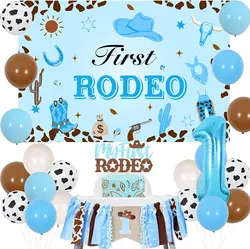 Blue My First Rodeo Cowboy Backdrop Cake Topper, Western High Chair Banner, Balloons Kit, 1st Birthday Party Decoration