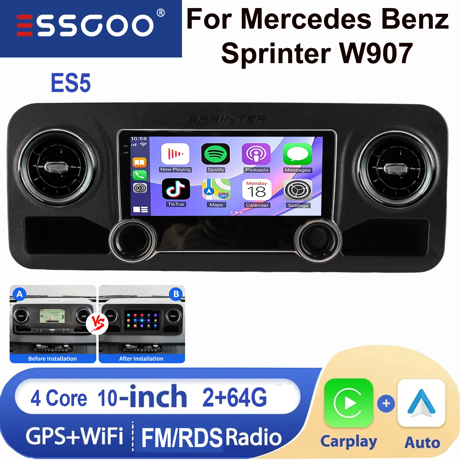 ESSGOO Android 15 IPS Touchscreen 10 Inch Voor Mercedes Benz Sprinter W907 2018-2023 Apple CarPlay Android Auto Draadloos Autoradio GPS Navigatie WIFI Stuurwielbediening RDS Bluetooth FM USB Spiegel